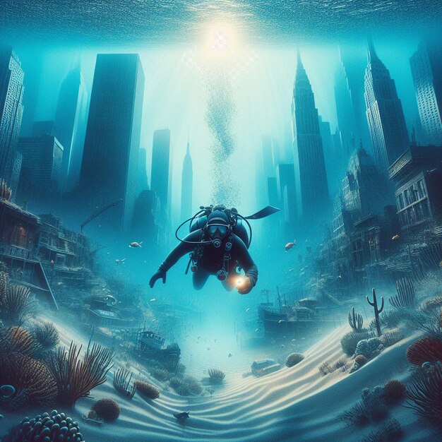 PSD hyperrealistic image scuba diving diver exploring sunk lost atlantis in the blue sea ocean