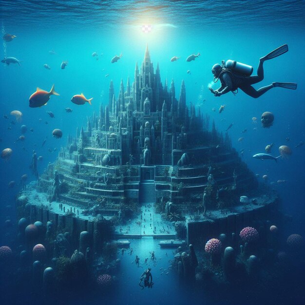 Hyperrealistic image scuba diving diver exploring sunk lost atlantis in the blue sea ocean