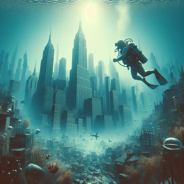 PSD hyperrealistic image scuba diving diver exploring sunk lost atlantis in the blue sea ocean