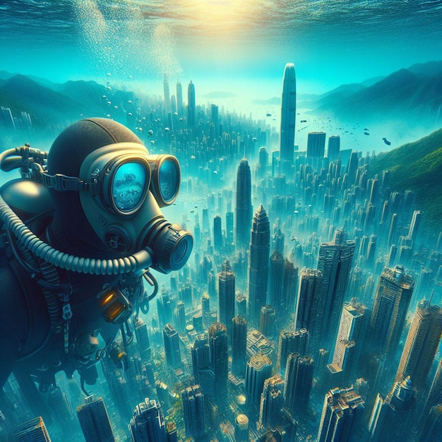 PSD immagine iperrealistica subacquea subacqueo esplorando atlantis affondata perduta nell'oceano marino blu