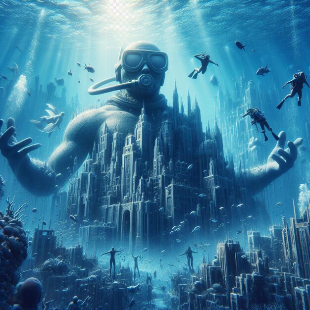 PSD hyperrealistic image scuba diving diver exploring sunk lost atlantis in the blue sea ocean