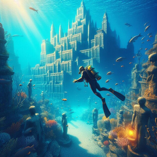 PSD immagine iperrealistica subacquea subacqueo esplorando atlantis affondata perduta nell'oceano marino blu
