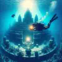 PSD hyperrealistic image scuba diving diver exploring sunk lost atlantis in the blue sea ocean