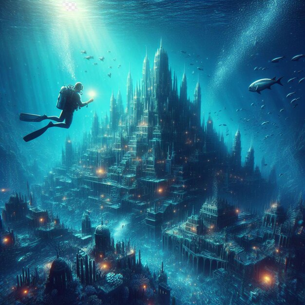 PSD hyperrealistic image scuba diving diver exploring sunk lost atlantis in the blue sea ocean