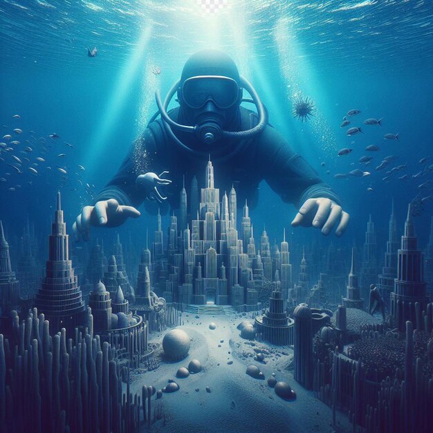 Hyperrealistic image scuba diving diver exploring sunk lost atlantis in the blue sea ocean