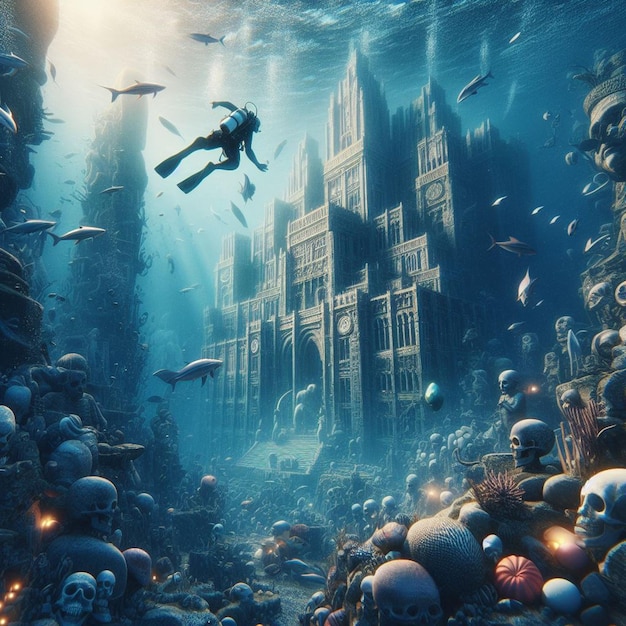 초현실적 인 이미지 스쿠버 다이빙 다이버는 파란 바다에서 침몰 된 잃어버린 아틀란티스를 탐구합니다.