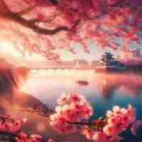 PSD iperrealista giapponese sakura fiori di ciliegio festa primaverile sfondo poster natura pic