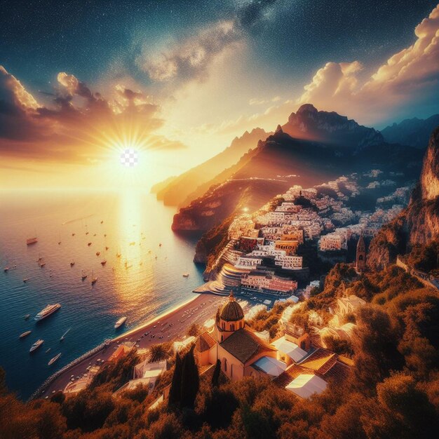 Hyperrealistic landscape panorama view italian amalfi coast sunsext beach village golden hour