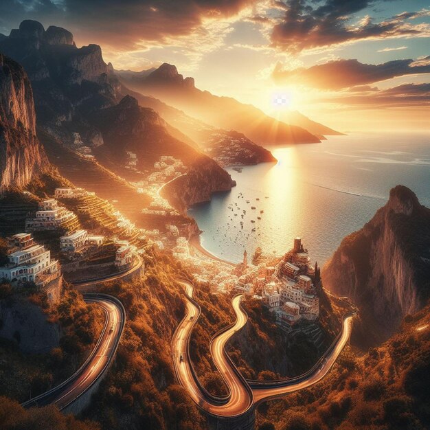 Vista panoramica del paesaggio iperrealistico costa italiana di amalfi sunsext spiaggia villaggio ora d'oro