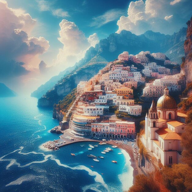 PSD vista panoramica del paesaggio iperrealistico costa italiana di amalfi sunsext spiaggia villaggio ora d'oro