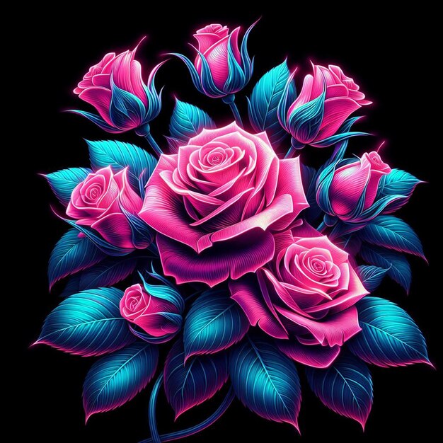 PSD hyperrealistic neon colored cyan magenta yellow bouquet roses flowers transparent background pic