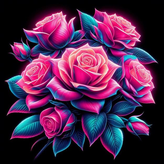 PSD hyperrealistic neon colored cyan magenta yellow bouquet roses flowers transparent background pic