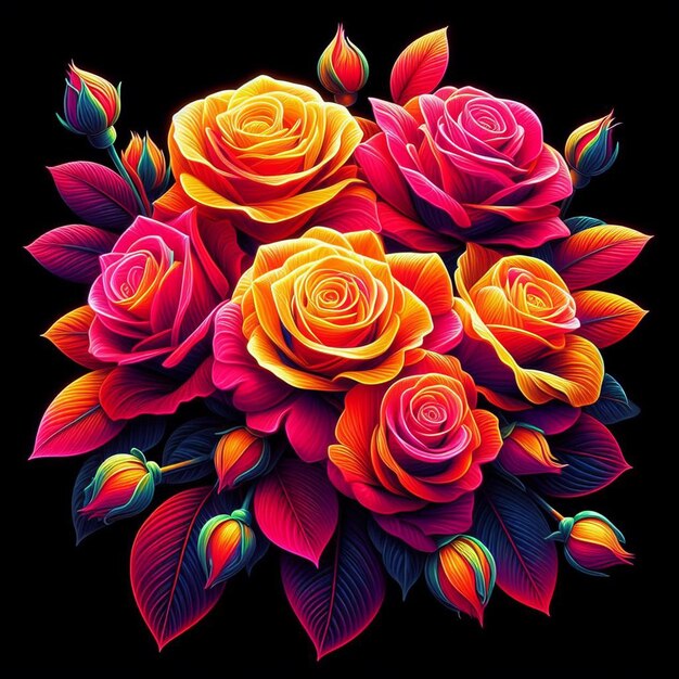 PSD hyperrealistic neon colored cyan magenta yellow bouquet roses flowers transparent background pic