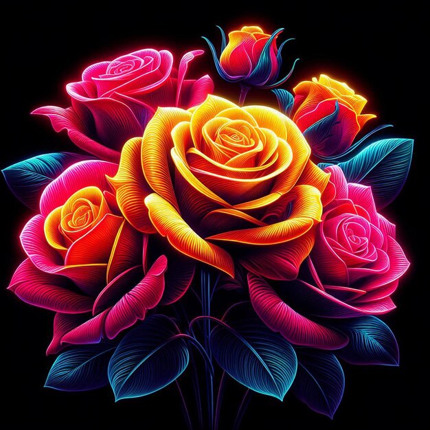 PSD hyperrealistic neon colored cyan magenta yellow bouquet roses flowers transparent background pic