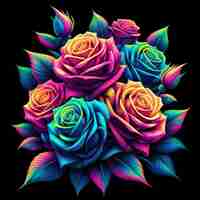 PSD hyperrealistic neon colored cyan magenta yellow bouquet roses flowers transparent background pic