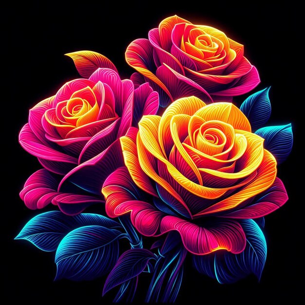 PSD hyperrealistic neon colored cyan magenta yellow bouquet roses flowers transparent background pic