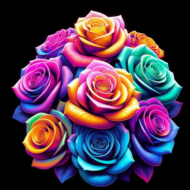 PSD hyperrealistic neon colored cyan magenta yellow bouquet roses flowers transparent background pic