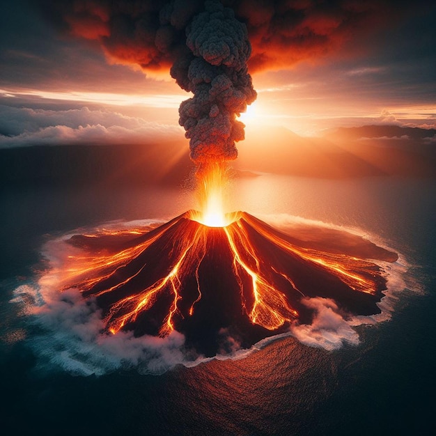 PSD paesaggio panoramico iperrealistico vista in elicottero eruzione vulcanica impatto esplosione esplosione