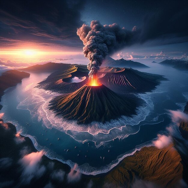 PSD hyperrealistic panorama landscape helicopter view volcano eruption impact blast explosion