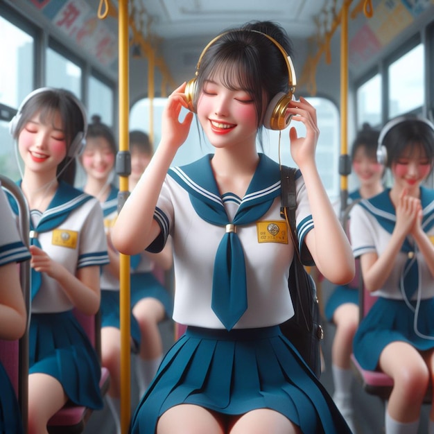 PSD Гиперреалистическая фотореалистичная азиатская японка слушает музыку и танцует в автобусе.