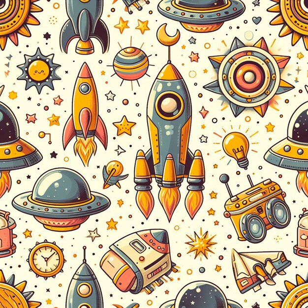 Hyperrealistic seamless space colorful vector pattern texture fabric rockets ufo astronauts alien