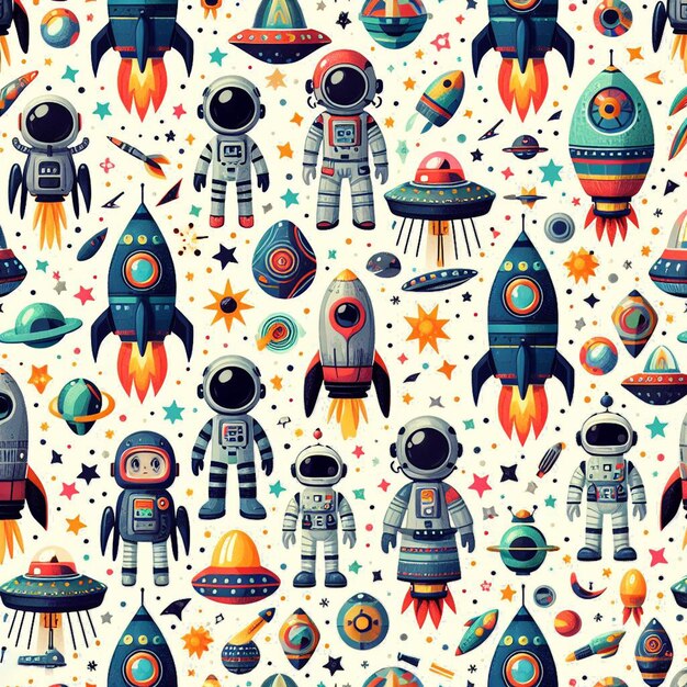 Hyperrealistic seamless space colorful vector pattern texture fabric rockets ufo astronauts alien