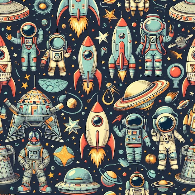 Hyperrealistic seamless space colorful vector pattern texture fabric rockets ufo astronauts alien