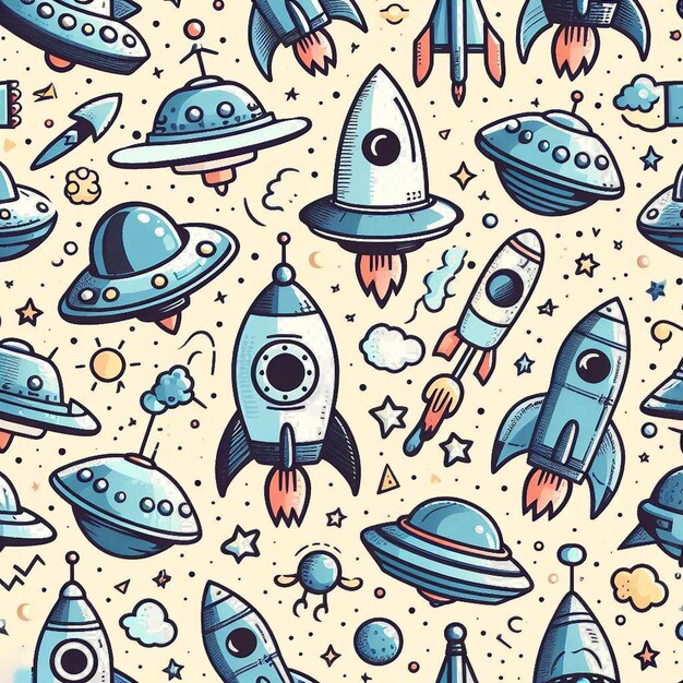 PSD hyperrealistic seamless space colorful vector pattern texture fabric rockets ufo astronauts alien