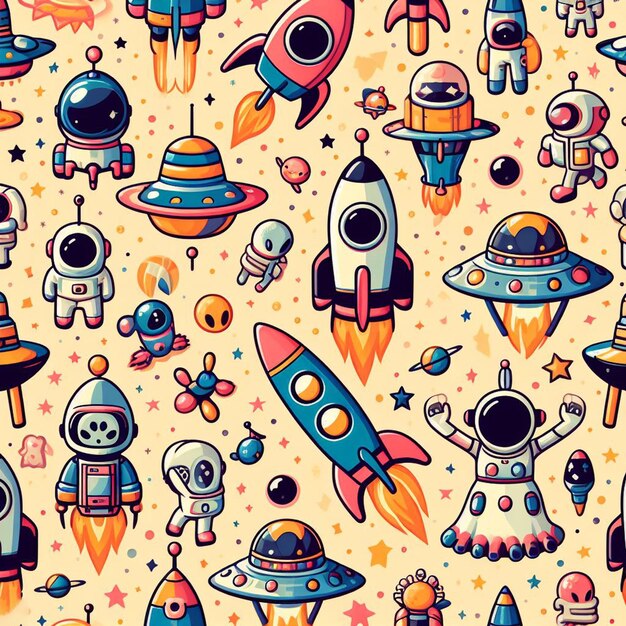 PSD hyperrealistic seamless space colorful vector pattern texture fabric rockets ufo astronauts alien