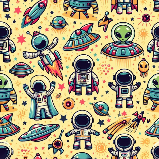 PSD hyperrealistic seamless space colorful vector pattern texture fabric rockets ufo astronauts alien