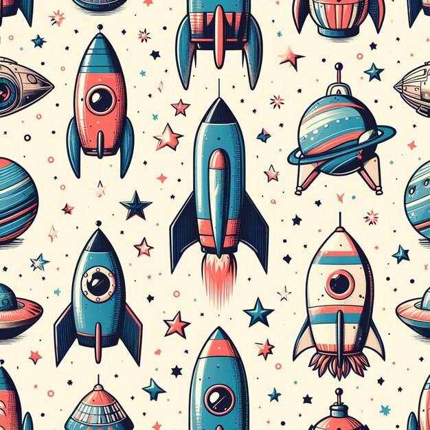 PSD hyperrealistic seamless space colorful vector pattern texture fabric rockets ufo astronauts alien