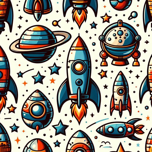 PSD hyperrealistic seamless space colorful vector pattern texture fabric rockets ufo astronauts alien