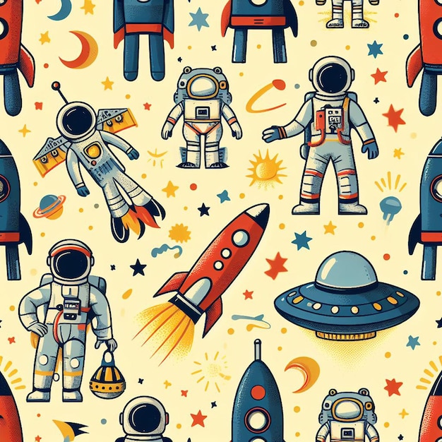 PSD hyperrealistic seamless space colorful vector pattern texture fabric rockets ufo astronauts alien