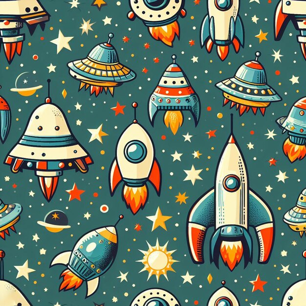 PSD hyperrealistic seamless space colorful vector pattern texture fabric rockets ufo astronauts alien