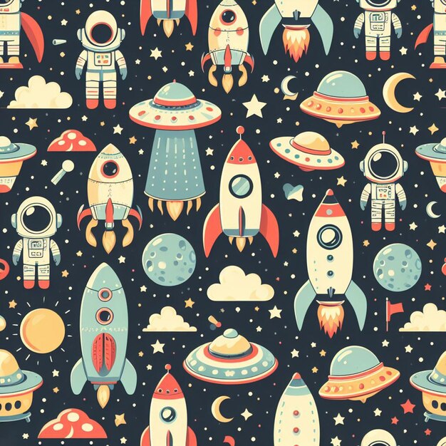 PSD hyperrealistic seamless space colorful vector pattern texture fabric rockets ufo astronauts alien