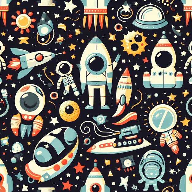 PSD hyperrealistic seamless space colorful vector pattern texture fabric rockets ufo astronauts alien