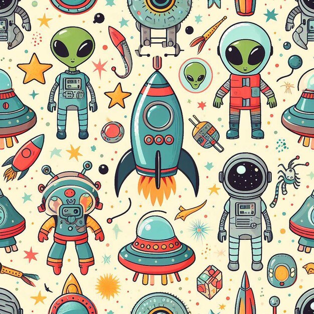 PSD hyperrealistic seamless space colorful vector pattern texture fabric rockets ufo astronauts alien