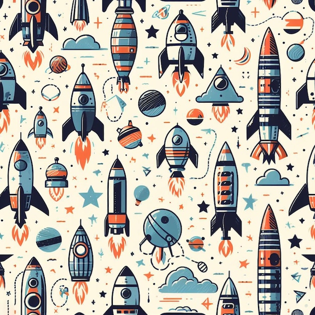 PSD hyperrealistic seamless space colorful vector pattern texture fabric rockets ufo astronauts alien