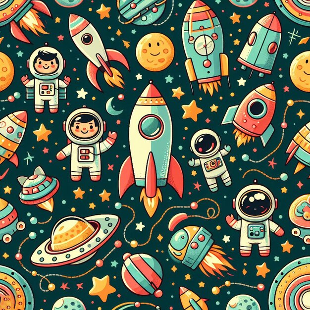 Hyperrealistic seamless space colorful vector pattern texture fabric rockets ufo astronauts alien