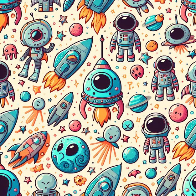 PSD hyperrealistic seamless space colorful vector pattern texture fabric rockets ufo astronauts alien