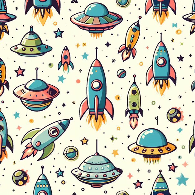 Hyperrealistic seamless space colorful vector pattern texture fabric rockets ufo astronauts alien