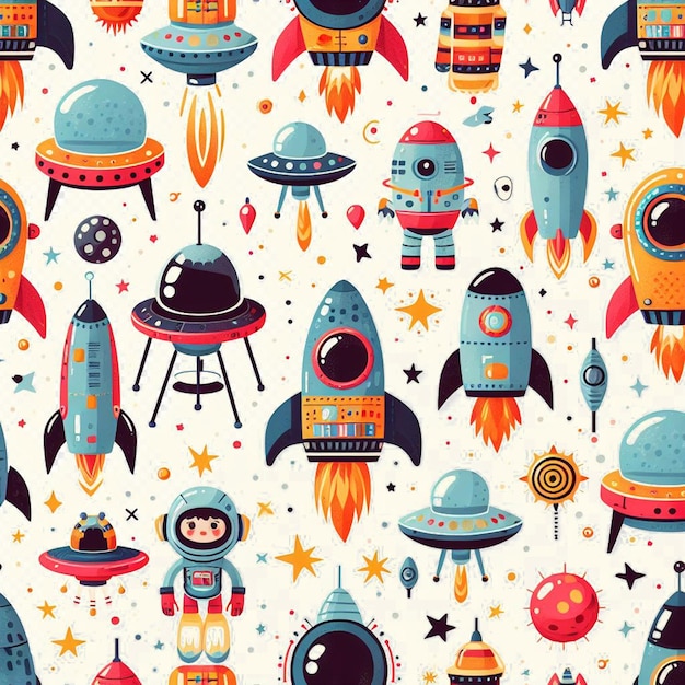 PSD hyperrealistic seamless space colorful vector pattern texture fabric rockets ufo astronauts alien