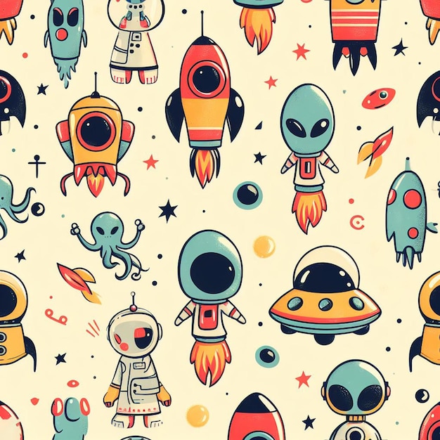 PSD hyperrealistic seamless space colorful vector pattern texture fabric rockets ufo astronauts alien