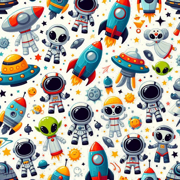 PSD hyperrealistic seamless space colorful vector pattern texture fabric rockets ufo astronauts alien