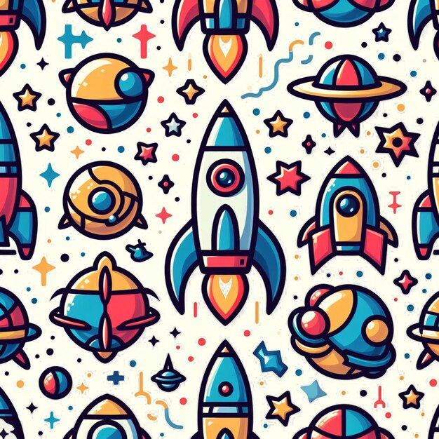 PSD hyperrealistic seamless space colorful vector pattern texture fabric rockets ufo astronauts alien