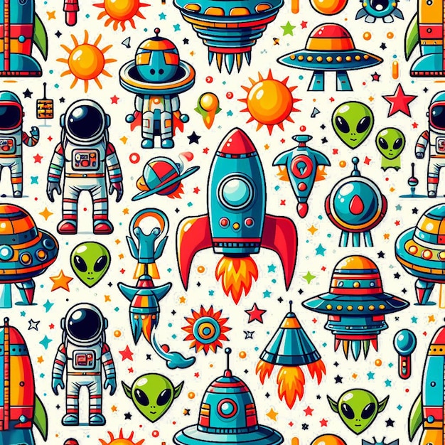 Hyperrealistic seamless space colorful vector pattern texture fabric rockets ufo astronauts alien