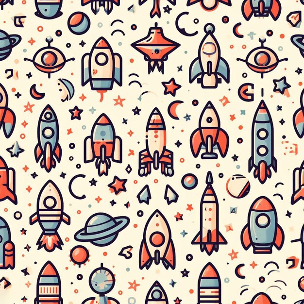 PSD hyperrealistic seamless space colorful vector pattern texture fabric rockets ufo astronauts alien