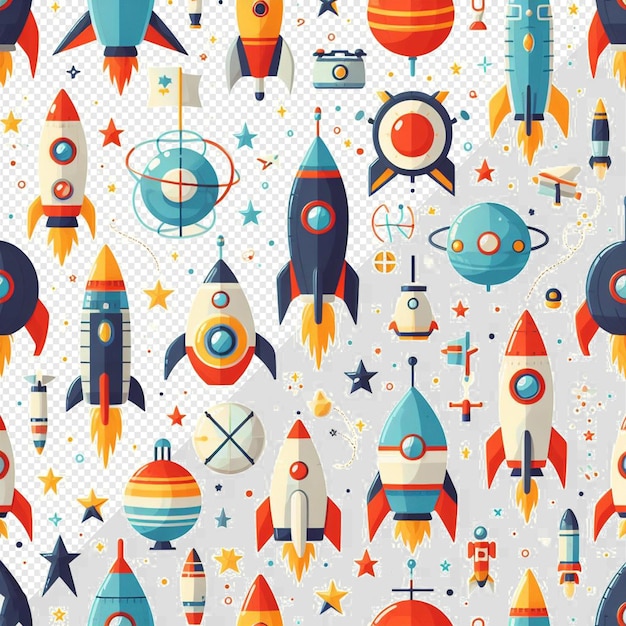 Hyperrealistic seamless space colorful vector pattern texture fabric rockets ufo astronauts alien