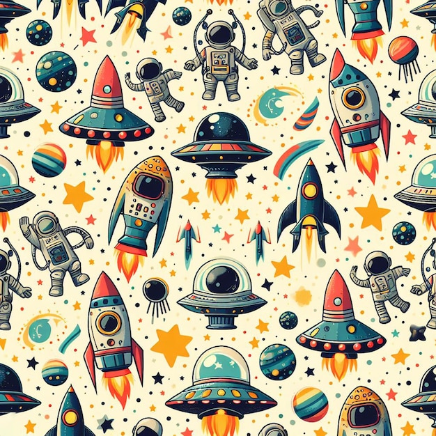 Hyperrealistic seamless space colorful vector pattern texture fabric rockets ufo astronauts alien