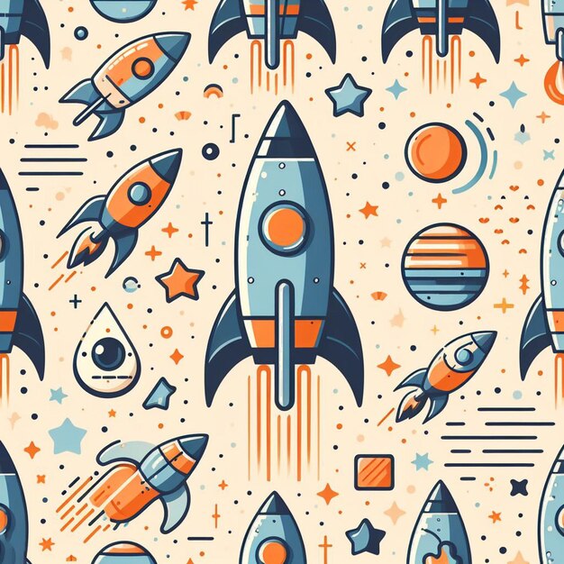 Hyperrealistic seamless space colorful vector pattern texture fabric rockets ufo astronauts alien